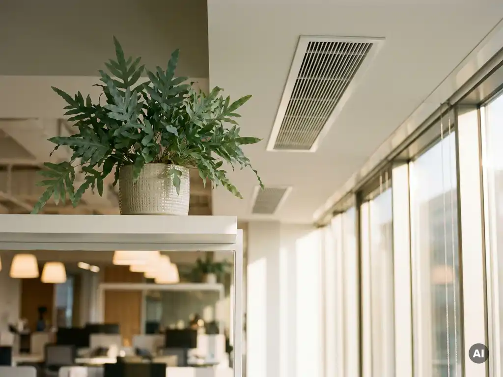 Groene kamerplant naast een moderne ventilatieroosters in wit plafond, kantooromgeving met natuurlijk daglicht op de achtergrond.
