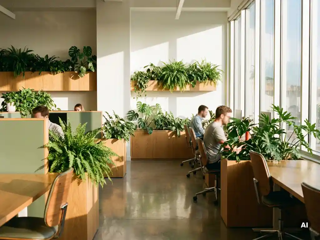 Weelderige kamerplanten in een modern kantoor met vloer-tot-plafond ramen, betonnen vloer en warme houten accenten in ochtendlicht.