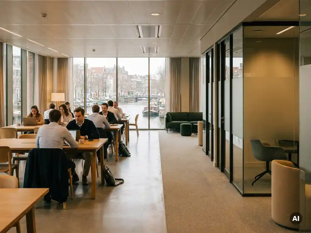 Professionals werken aan eiken communal tables in een open coworking lounge met glazen vergaderzalen en uitzicht op een Amsterdams gracht.