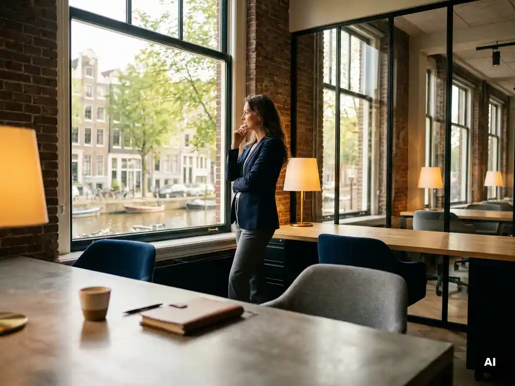 Vrouw bekijkt modern coworking kantoor in Amsterdam met zichtbare bakstenen muren, betonnen bureau en industriële ramen.