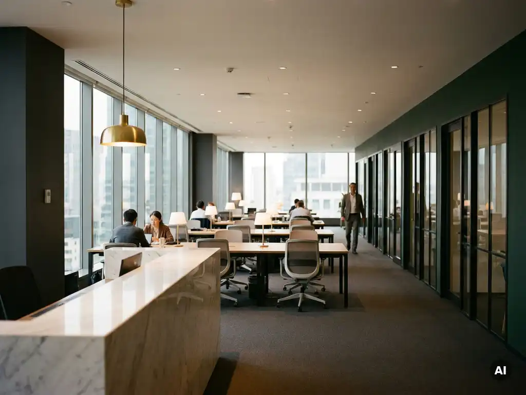 Open-plan coworking ruimte met glazen kantoren, marmeren receptiebalie en warme hanglamp in een modern bedrijfskantoor.