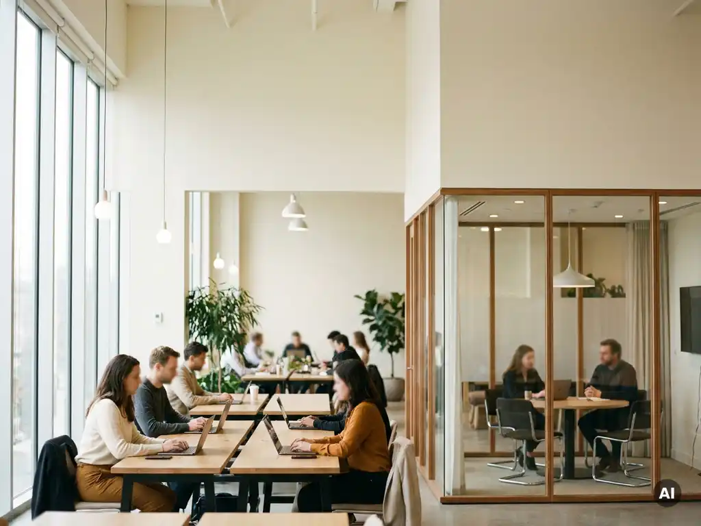 Glazen vergaderruimte naast open coworking-zone met warme houtaccenten en natuurlijk daglicht.