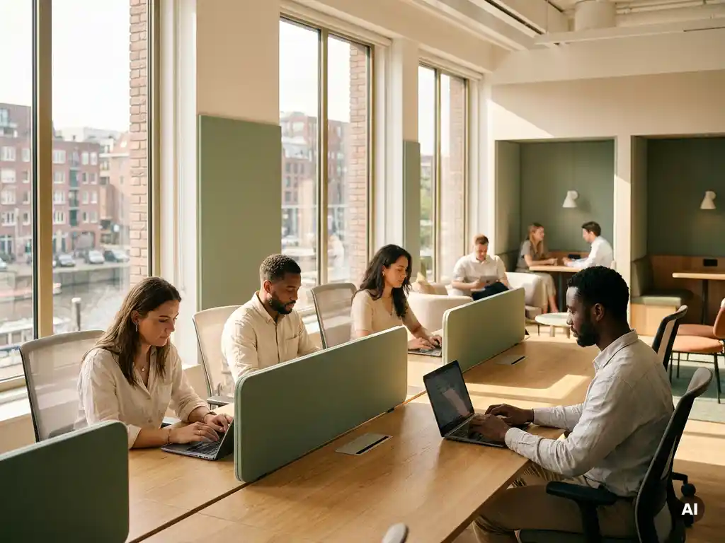 Diverse professionals werken aan gedeelde houten bureaus in een licht modern Nederlands kantoor met vloer-tot-plafond ramen en stadsgezicht.