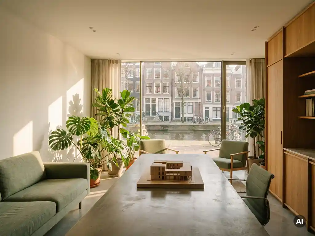 Licht modern kantoor met betonnen bureau en architectuurmodel, omgeven door kamerplanten langs ramen met uitzicht op Amsterdams kanaal.