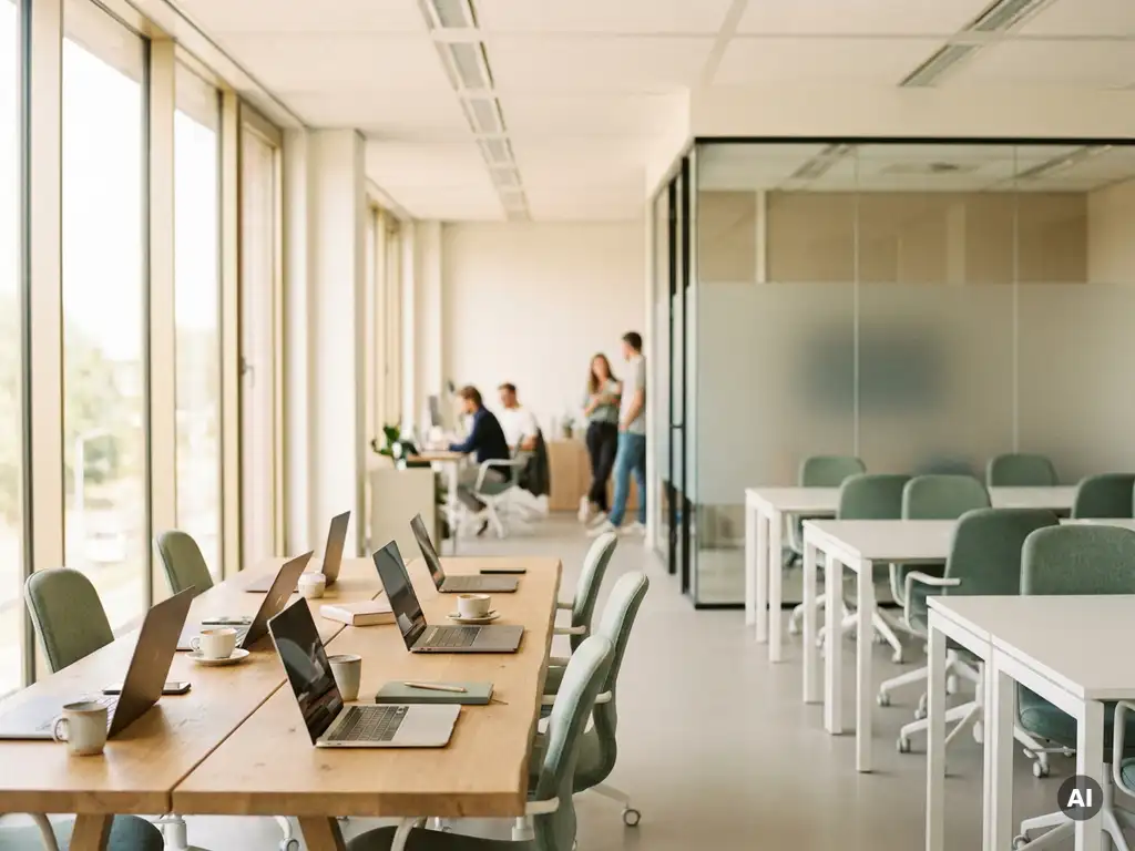 Moderne Nederlandse coworkingruimte met hot-desking stations, glazen vergaderruimte en houten communal tafel bij natuurlijk daglicht.