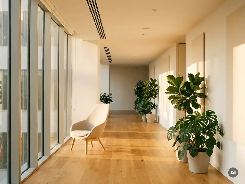 Lichte moderne kantoorgang met vloer-tot-plafond ramen, groene kamerplanten, eiken vloer en ergonomische stoel in middagzon.