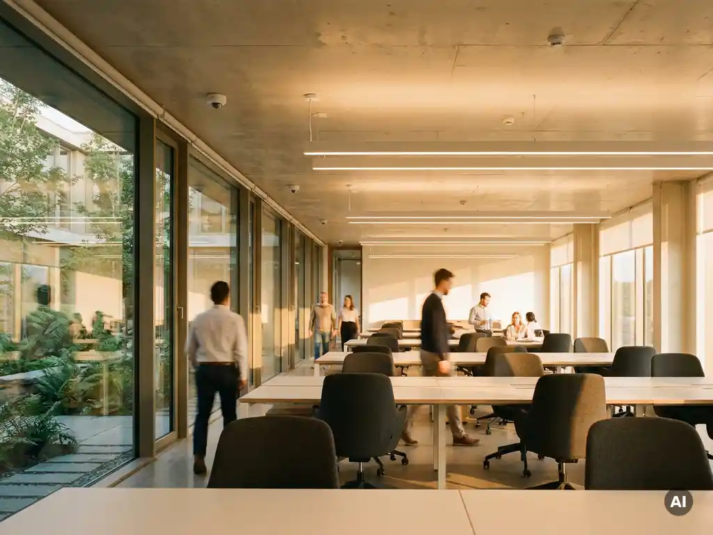Modern kantoorgebouw met vloer-tot-plafond glaswanden, smart sensoren op betonnen plafond en medewerkers in open werkruimte met gouden ochtendlicht.