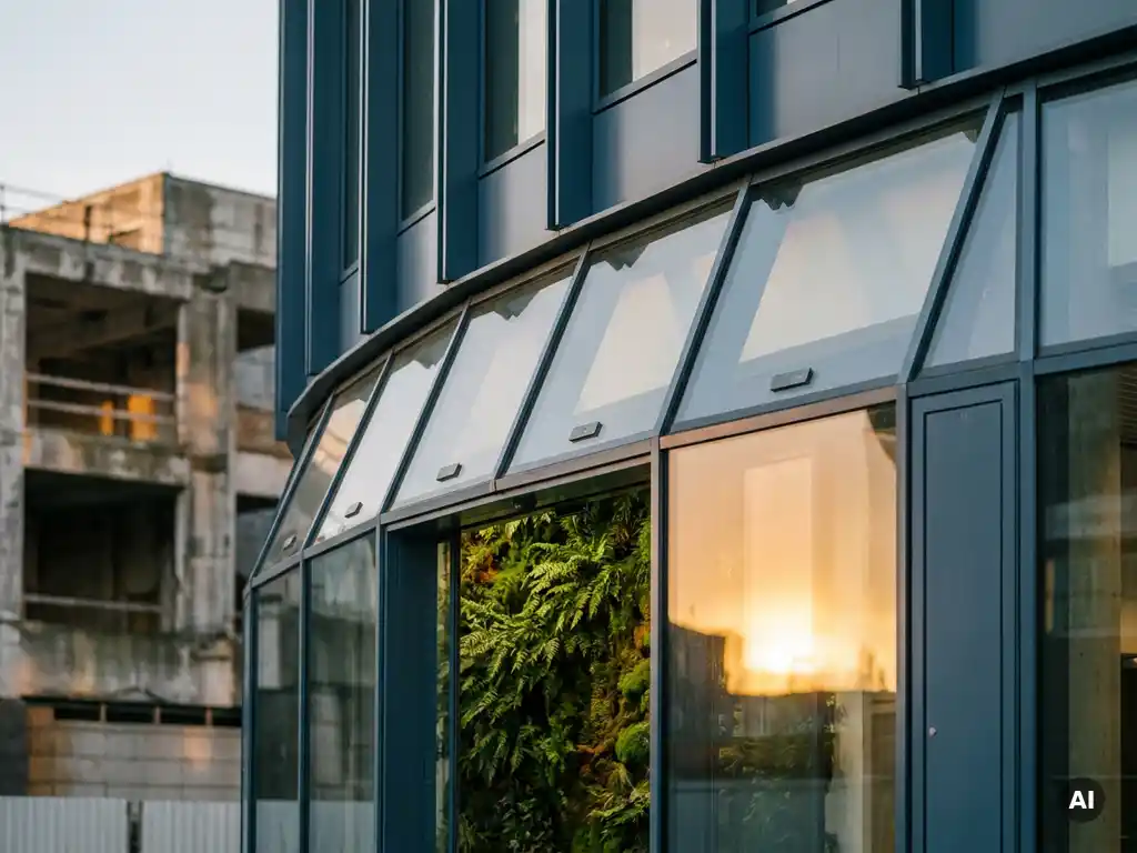 Modern kantoorgebouw met geautomatiseerde glazen panelen, geïntegreerde sensoren en groene plantenwand in warm ochtendlicht.
