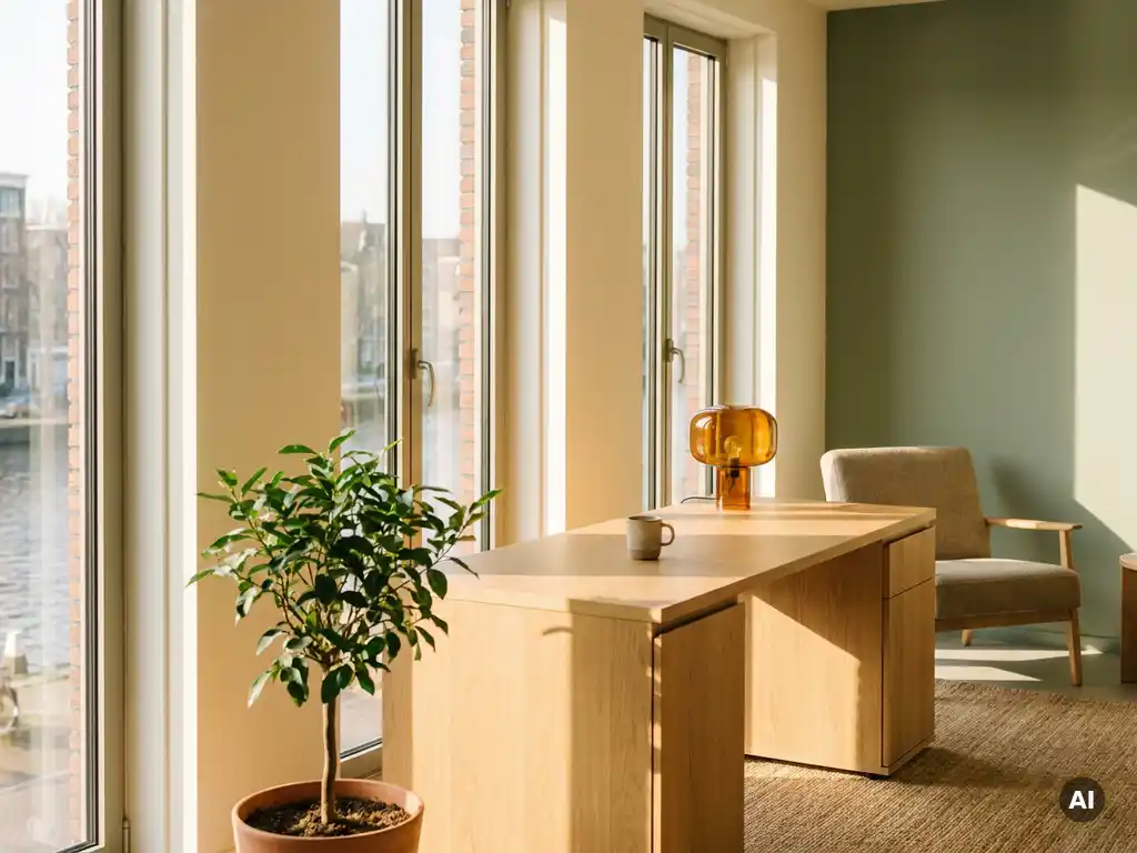 Zonnig modern Nederlands kantoor met eiken bureau, grote raampartijen en kamerplant in warme ivoor- en saliegroen tinten.