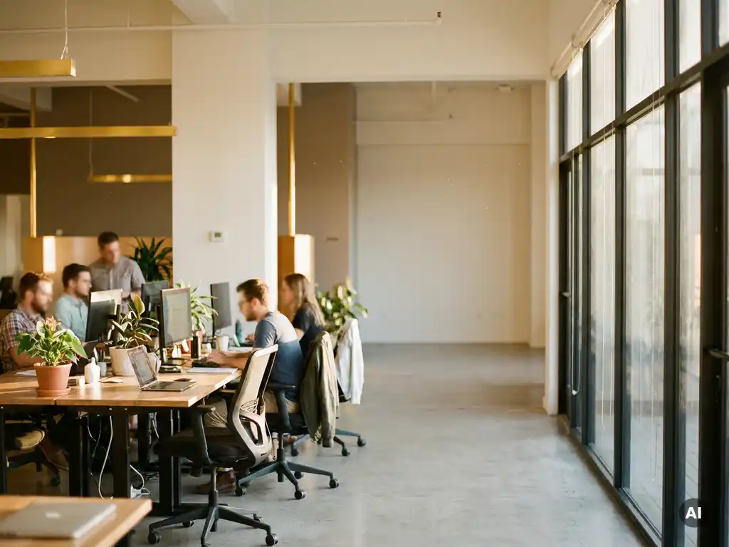 Lichte open kantoorruimte met moderne coworking-werkplekken, betonnen vloer en vloer-tot-plafond ramen in warm middaglicht.