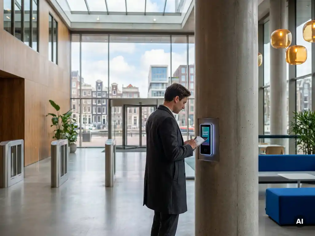 Zakenman bij digitaal toegangspaneel in modern kantoorgebouw met glazen gevel en Amsterdamse skyline op de achtergrond.