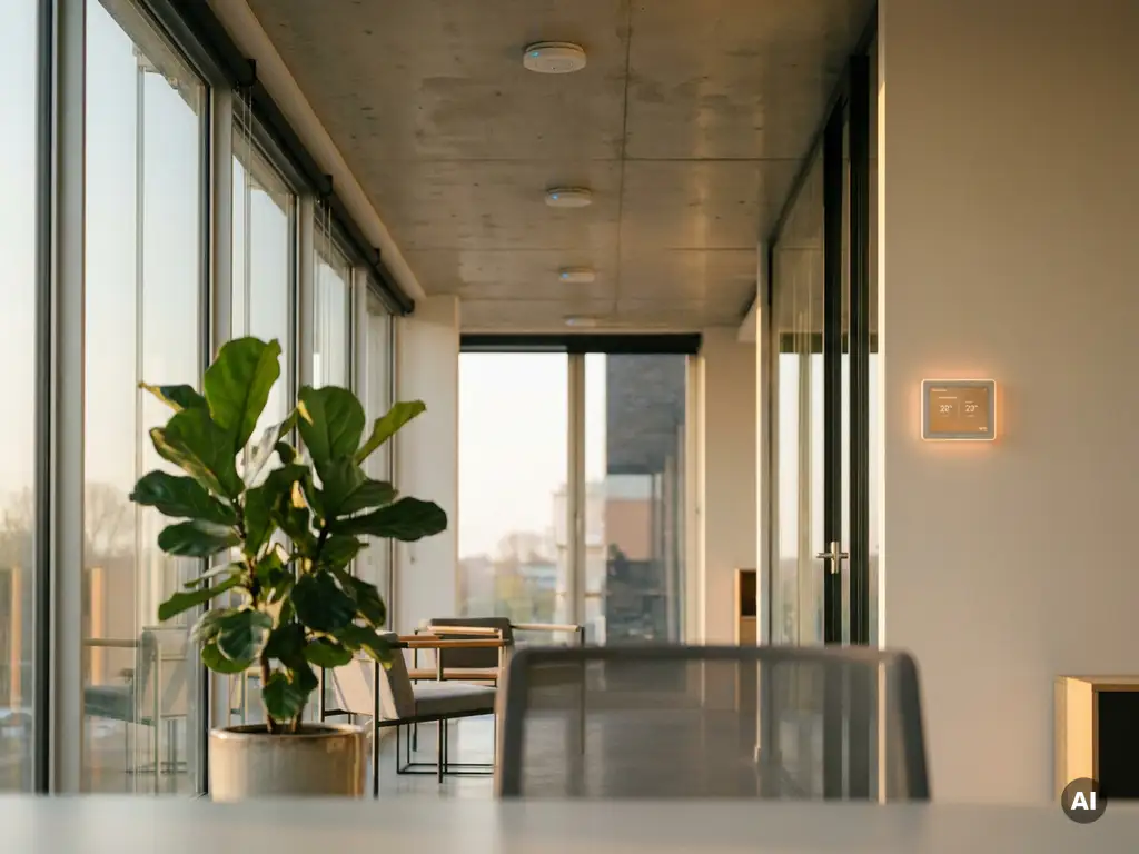 Modern Nederlands kantoorinterieur met slimme sensoren in betonnen plafond, klimaatpanelen op glaswand en weelderige kamerplant op de voorgrond.