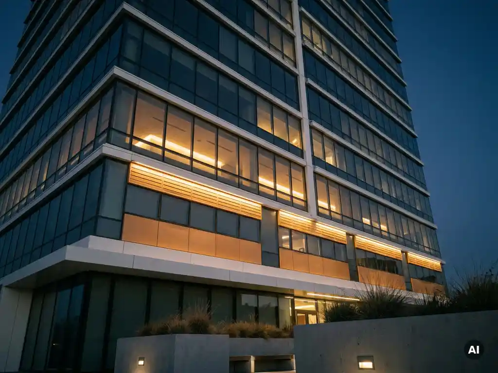 Modern kantoorgebouw bij schemering met gloeiende slimme sensoren en automatisch dimmende verlichting per verdieping.