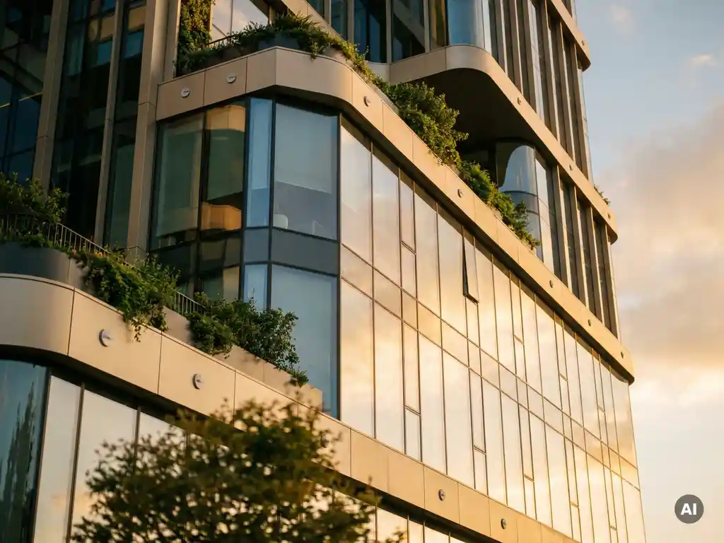 Moderne kantoorgebouw met smart glass gevels, ingebedde sensoren en groene terrassen in gouden avondlicht.
