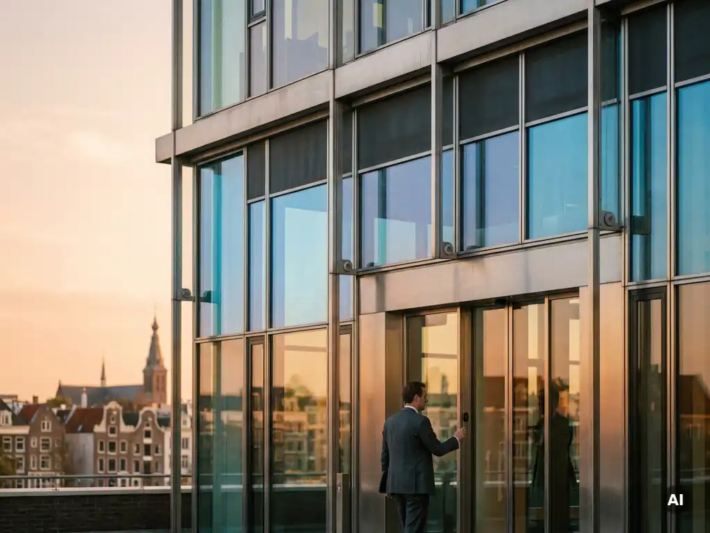 Professional in pak bij ingang van modern kantoorgebouw met smart glass gevelpanelen die automatisch aanpassen aan zonlicht, Nederlandse skyline op achtergrond.