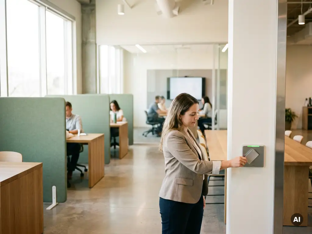 Vrouw tikt toegangspas op wandlezer in modern coworking space met glazen vergaderruimtes en natuurlijk daglicht.