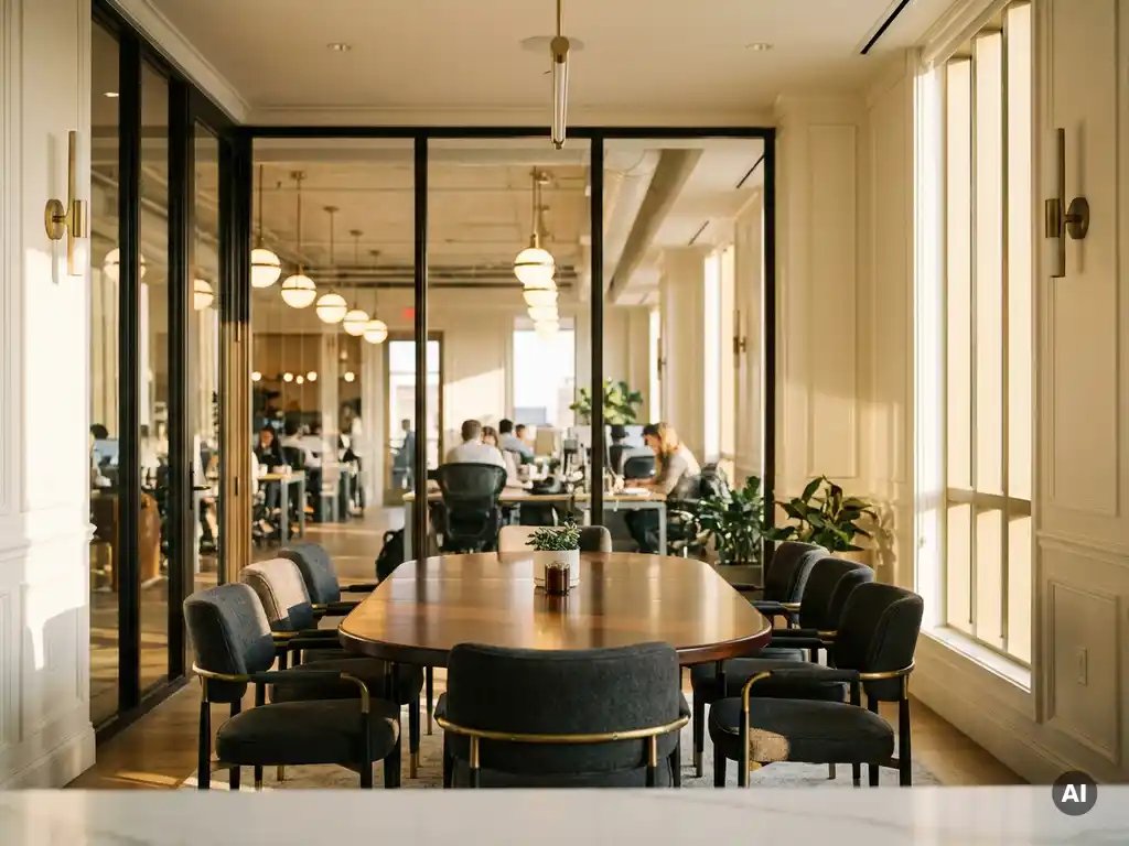 Moderne vergaderruimte in premium coworking space met ovale tafel, designerstoelen en glazen wanden in warme witte en antraciet tinten.