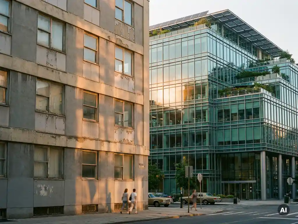 Verouderd kantoorgebouw met enkele beglazing naast een energiezuinig glasgebouw met zonnepanelen en groene dakterrassen in dezelfde stadsstraat.